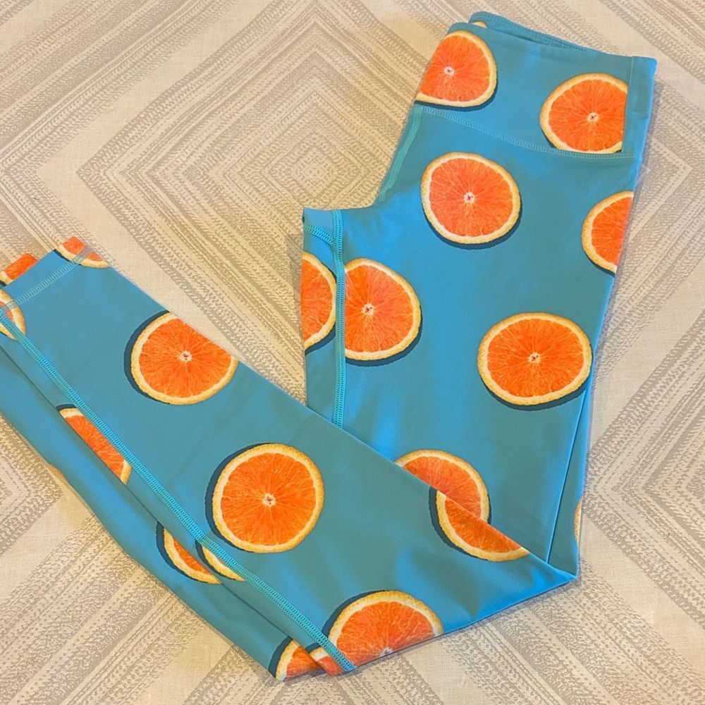 Flexi Lexi Women’s High Waist Blue Leggings with Orange Print Size Small